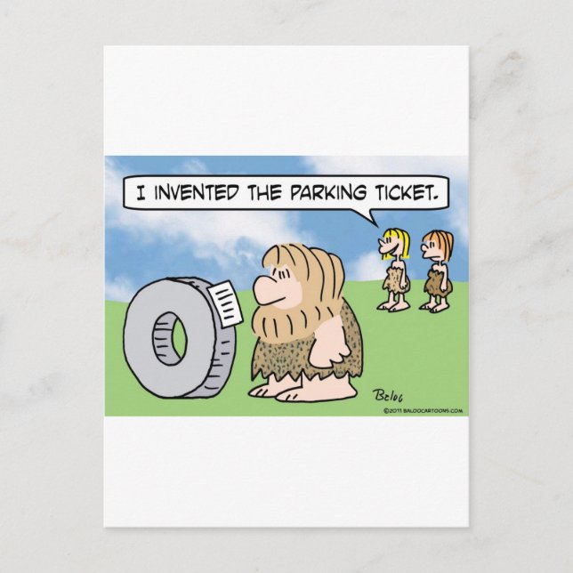 caveman wheel invented parking ticket woman postcard (Front)