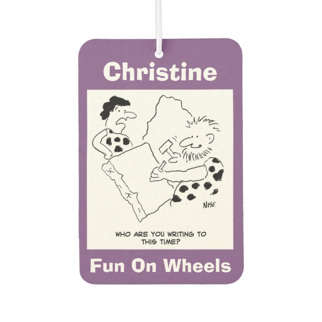 Caveman Writing a Letter Cartoon Car Air Freshener (Front)