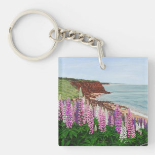 Cavendish Cliffs and Spring Lupins, PEI Key Ring