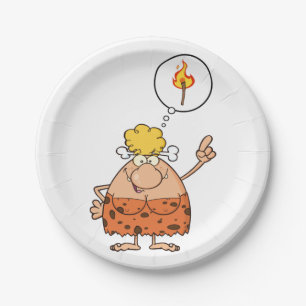 Cavewoman Thinking of Fire Stick Paper Plate