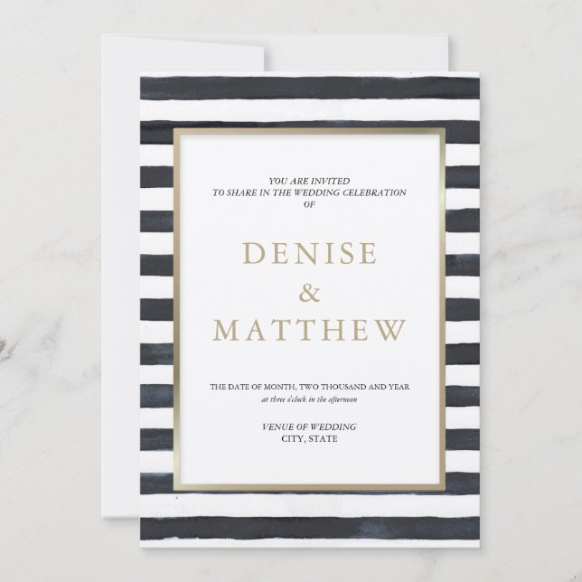 Caviar Black Watercolor Stripe & Gold Lettering Invitation (Front)