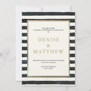 Caviar Black Watercolor Stripe & Gold Lettering Invitation