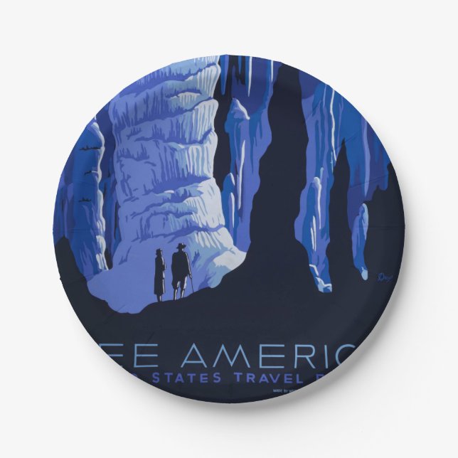 Caving Travel Cavern Vintage Travel Poster Paper Plate (Front)