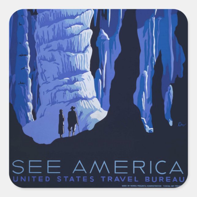 Caving Travel Cavern Vintage Travel Poster Square Sticker (Front)