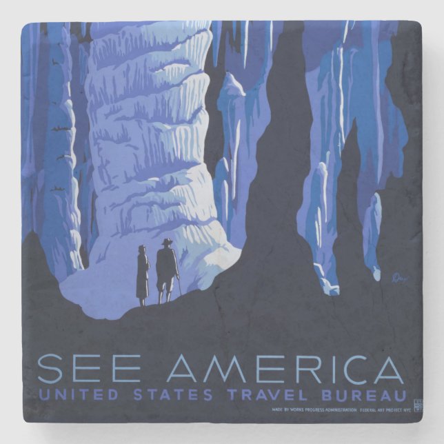 Caving Travel Cavern Vintage Travel Poster Stone Coaster (Front)