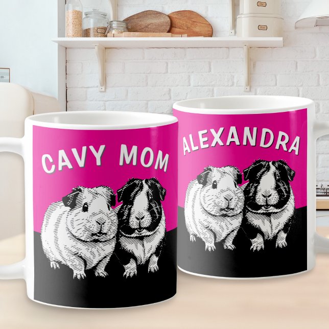 Cavy Mom Personalized Guinea Pig Cute Coffee Mug (A personalized mug for the 'Cavy Mom', in bright pink with guinea pigs illustration in a retro style)