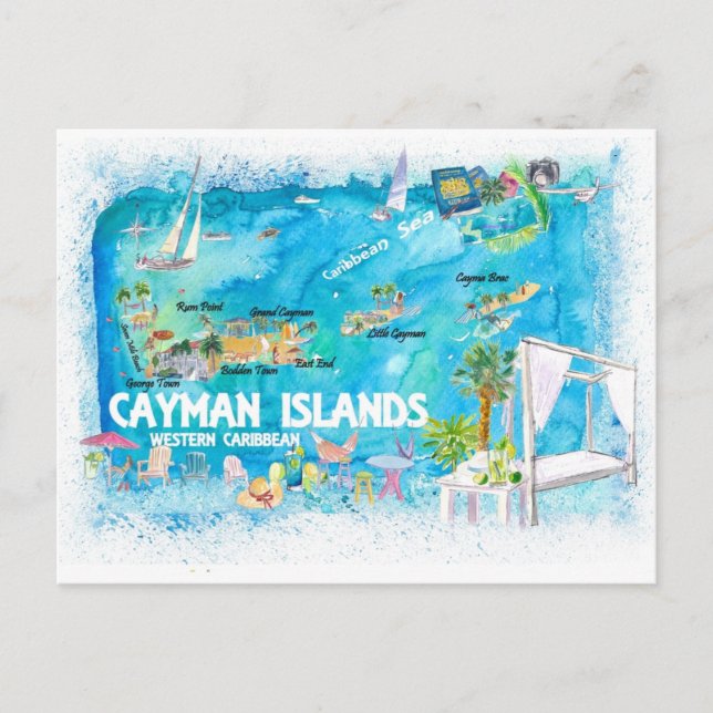 Cayman Islands Illustrated Travel Map with Roads  Postcard (Front)