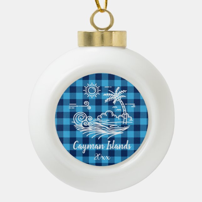 Cayman Islands on Blue Buffalo Check Christmas Ceramic Ball Christmas Ornament (Front)