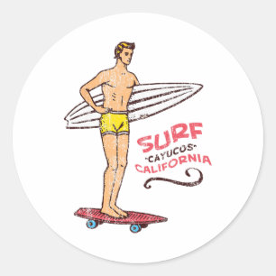Cayucos Surf Retro Vintage Surfboard 60s 70s 80s Classic Round Sticker