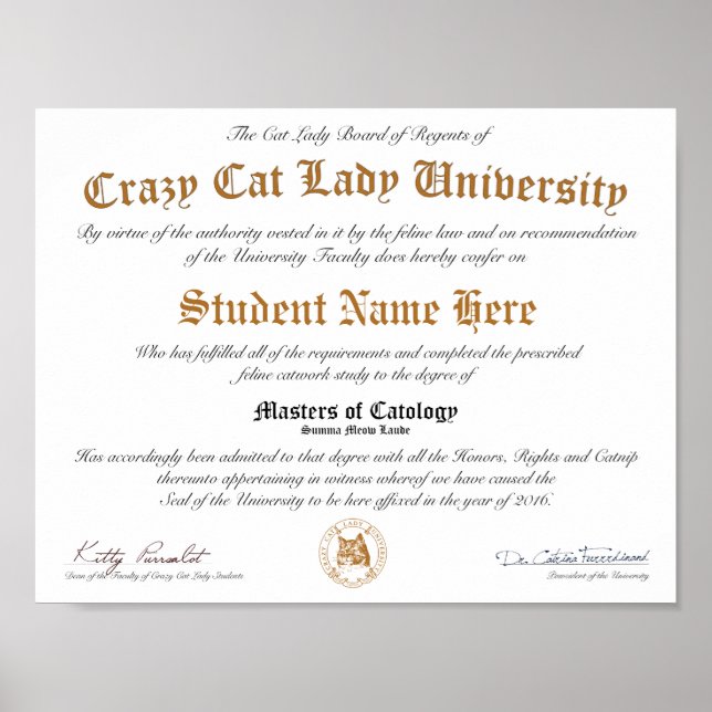 CCLU Diploma - Gold Seal - Cat Portrait Poster (Front)