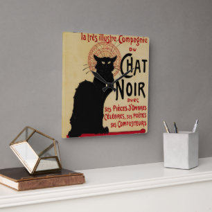 Ce Soir Chat Noir Black Cat, Vintage Art Nouveau Square Wall Clock