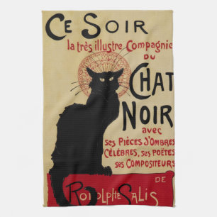 Ce Soir Chat Noir Black Cat, Vintage Art Nouveau Tea Towel