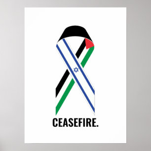 Ceasefire Israel and Palestine flags ribbon white Poster