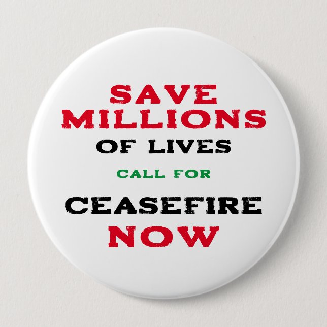 CEASEFIRE NOW FREE PALESTINE END GENOCIDE 10 CM ROUND BADGE (Front)