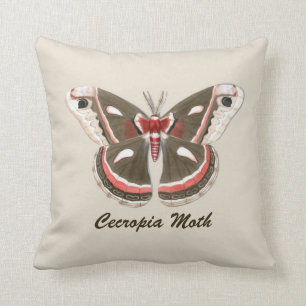 Cecropia Moth Throw Pillow - Beige w/Text
