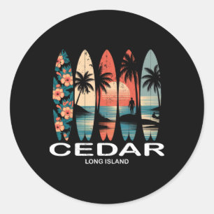 Cedar Beach Long Island Surfboard Surfing Retro Classic Round Sticker