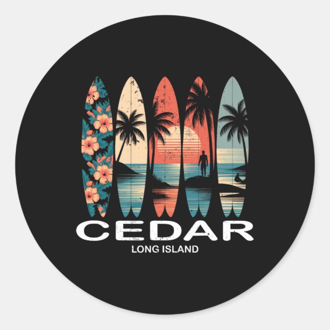 Cedar Beach Long Island Surfboard Surfing Retro  Classic Round Sticker (Front)