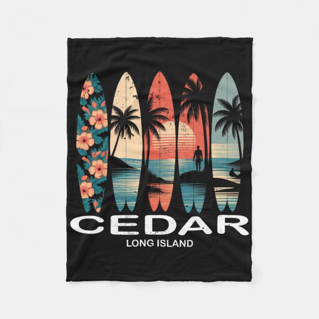 Cedar Beach Long Island Surfboard Surfing Retro  Fleece Blanket (Front)