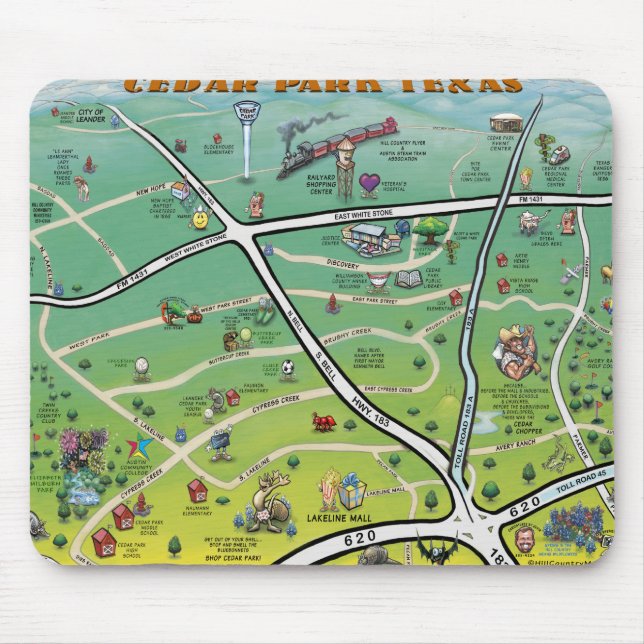 Cedar Park Texas Cartoon Map Mouse Mat (Front)