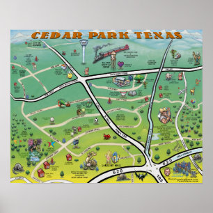 Cedar Park Texas Cartoon Map Poster
