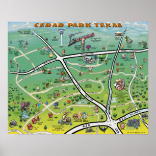 Cedar Park Texas Cartoon Map Poster
