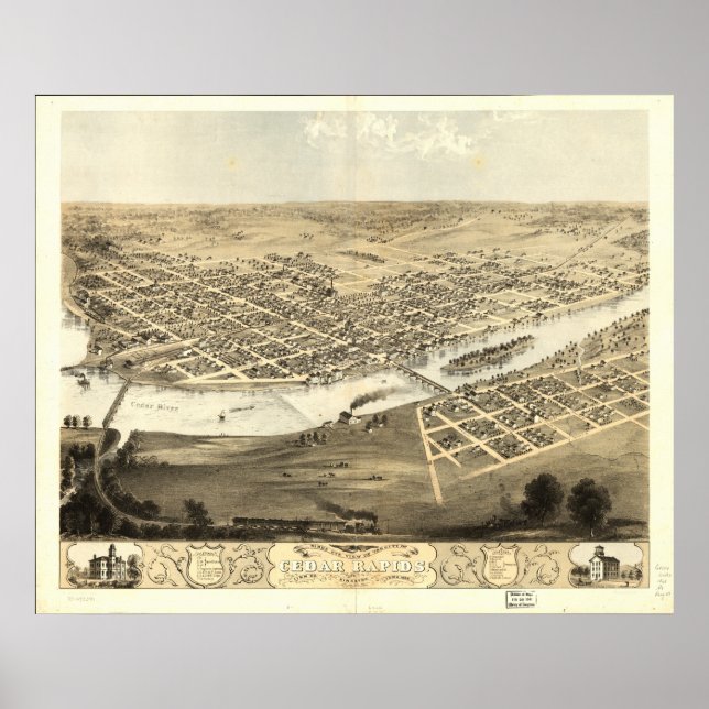Cedar Rapids Iowa 1868 Antique Panoramic Map Poster (Front)