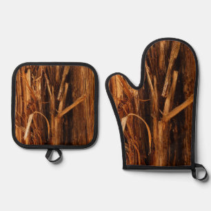 Cedar Textured Wooden Bark Look Oven Mitt & Pot Holder Set