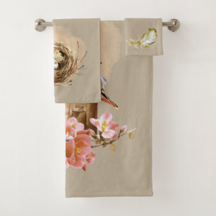 Cedar Wax Birdhouse Flowers Nest Feather Brown  Bath Towel Set