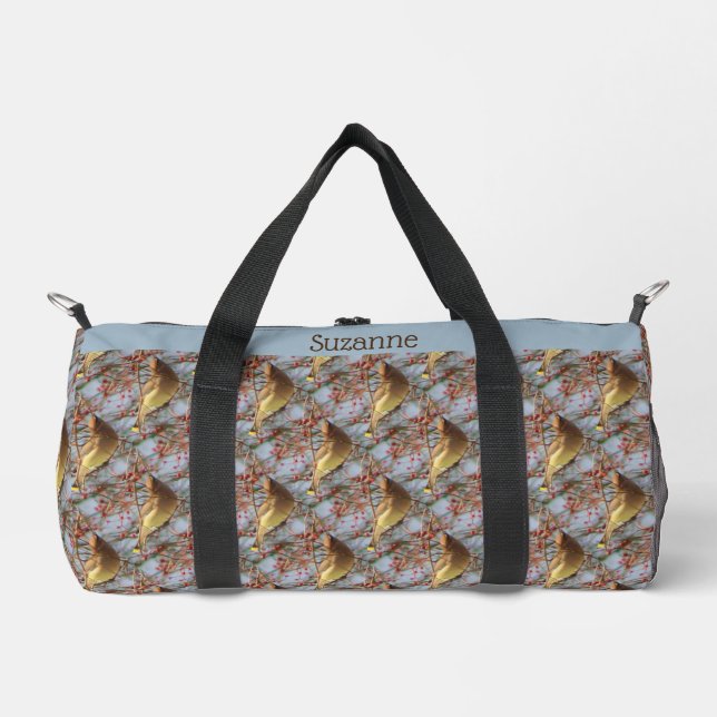 Cedar Waxwing Bird Berries Nature Personalised Duffle Bag (Front)