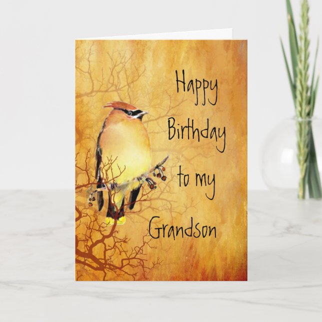 Cedar Waxwing Bird Best Grandson Birthday Card (Front)