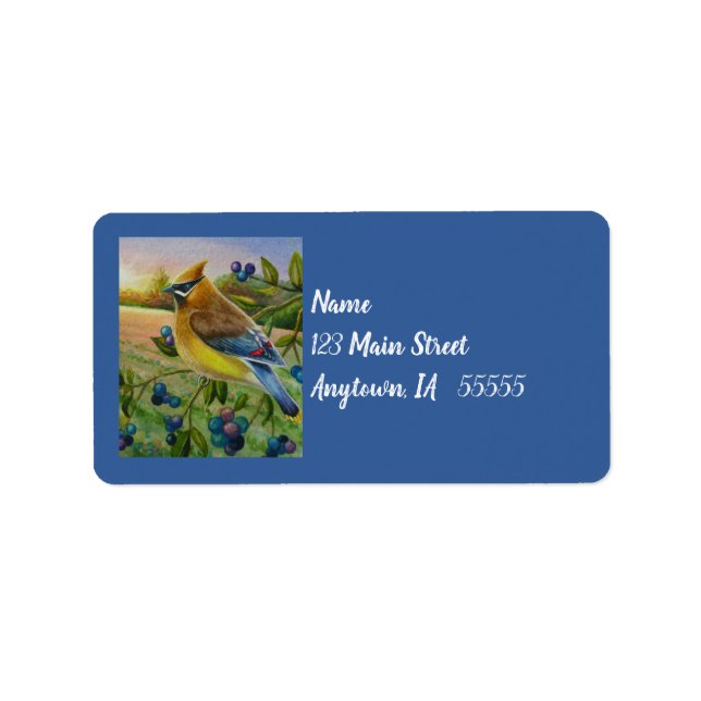 Cedar Waxwing Bird Blueberry Farm Watercolor Art Label (Front)