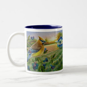 Cedar Waxwing Bird Blueberry Farm Watercolor Art Two-Tone Coffee Mug