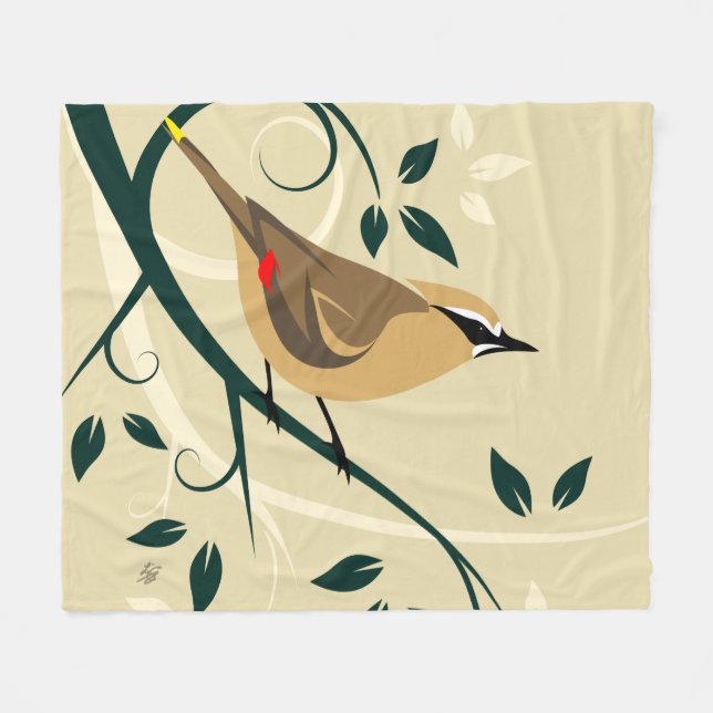 Cedar Waxwing Bird Fleece Blanket (Front (Horizontal))