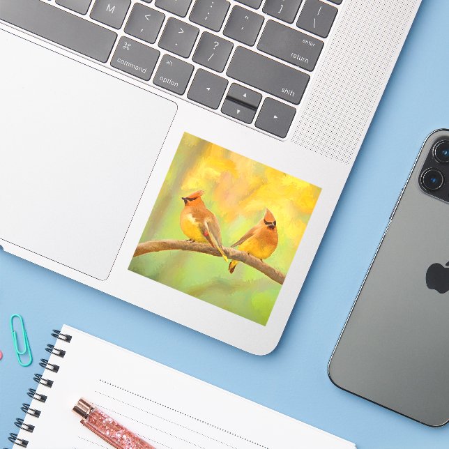 Cedar Waxwing Painting - Cute Original Dog Art (Laptop w/ iPhone)
