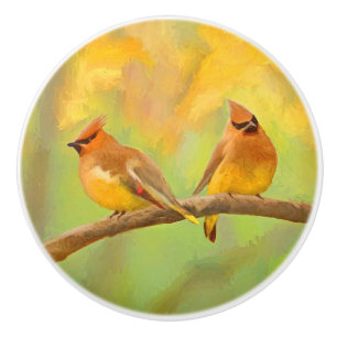 Cedar Waxwing Painting - Cute Original Dog Art Ceramic Knob