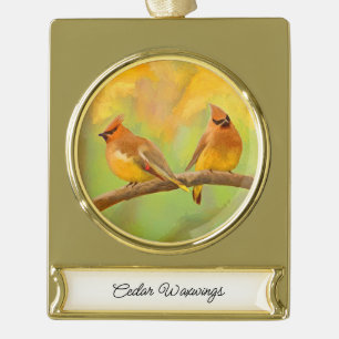Cedar Waxwing Painting - Cute Original Dog Art Gold Plated Banner Ornament