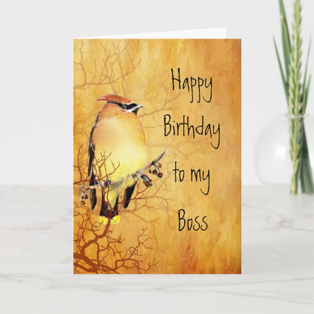 Cedar Waxwing Watercolor Boss Birthday Card (Front)