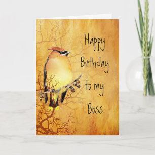 Cedar Waxwing Watercolor Boss Birthday Card