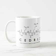Mug featuring the name Cedric spelled out in the single letter amino acid code