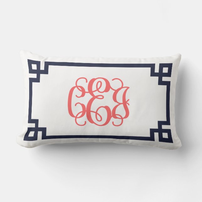 CEJ Navy and Coral Greek Key Script Monogram Lumbar Cushion (Front)