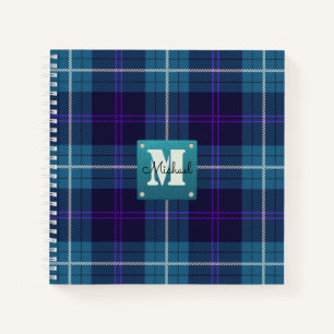 Celadon Blue Plaid Tartan Leather Monogrammed Notebook