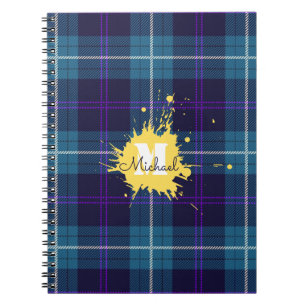 Celadon Blue Plaid Tartan Yellow Splash Monogram Notebook