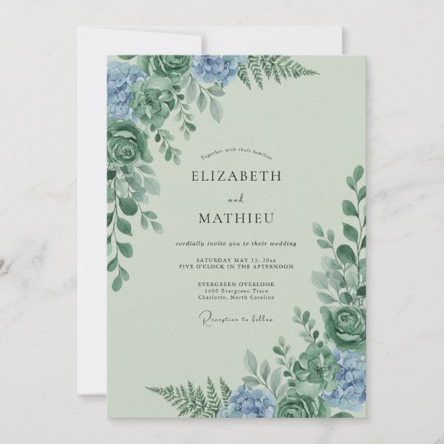 Celadon Cornflower Foliage Eucalyptus Wedding Invitation (Front)