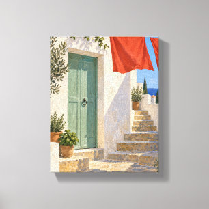 Celadon Courtyard with Red Laundry Mediterranean Canvas Print