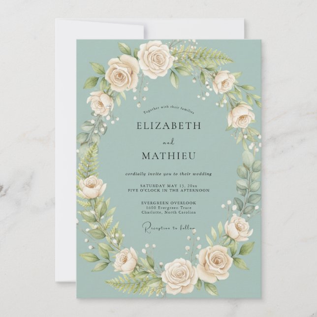 Celadon Cream Rose Wedding Invitation (Front)