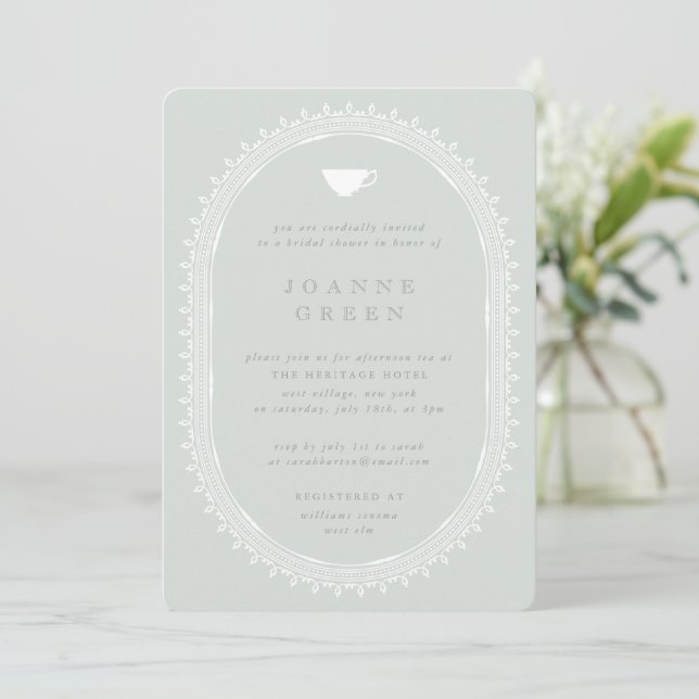 Celadon Green Afternoon Tea Bridal/Wedding Shower Invitation (Standing Front)