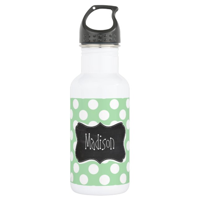 Celadon Green Polka Dots; Chalkboard look 532 Ml Water Bottle (Front)