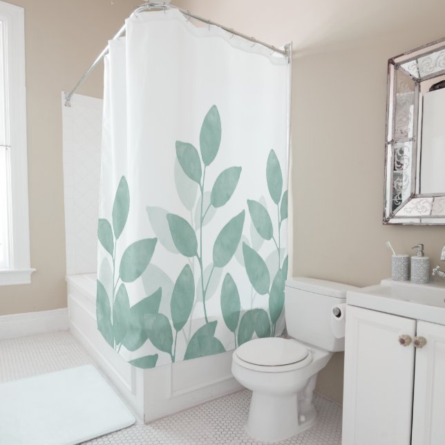 Celadon Green Watercolor Leaves Shower Curtain (In Situ)