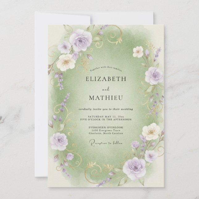 Celadon Lilac Ranunculus Eucalyptus Wedding Invitation (Front)