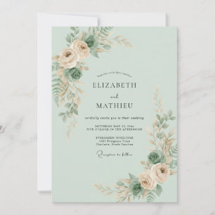 Celadon Peach Ranunculus Eucalyptus Wedding Invitation